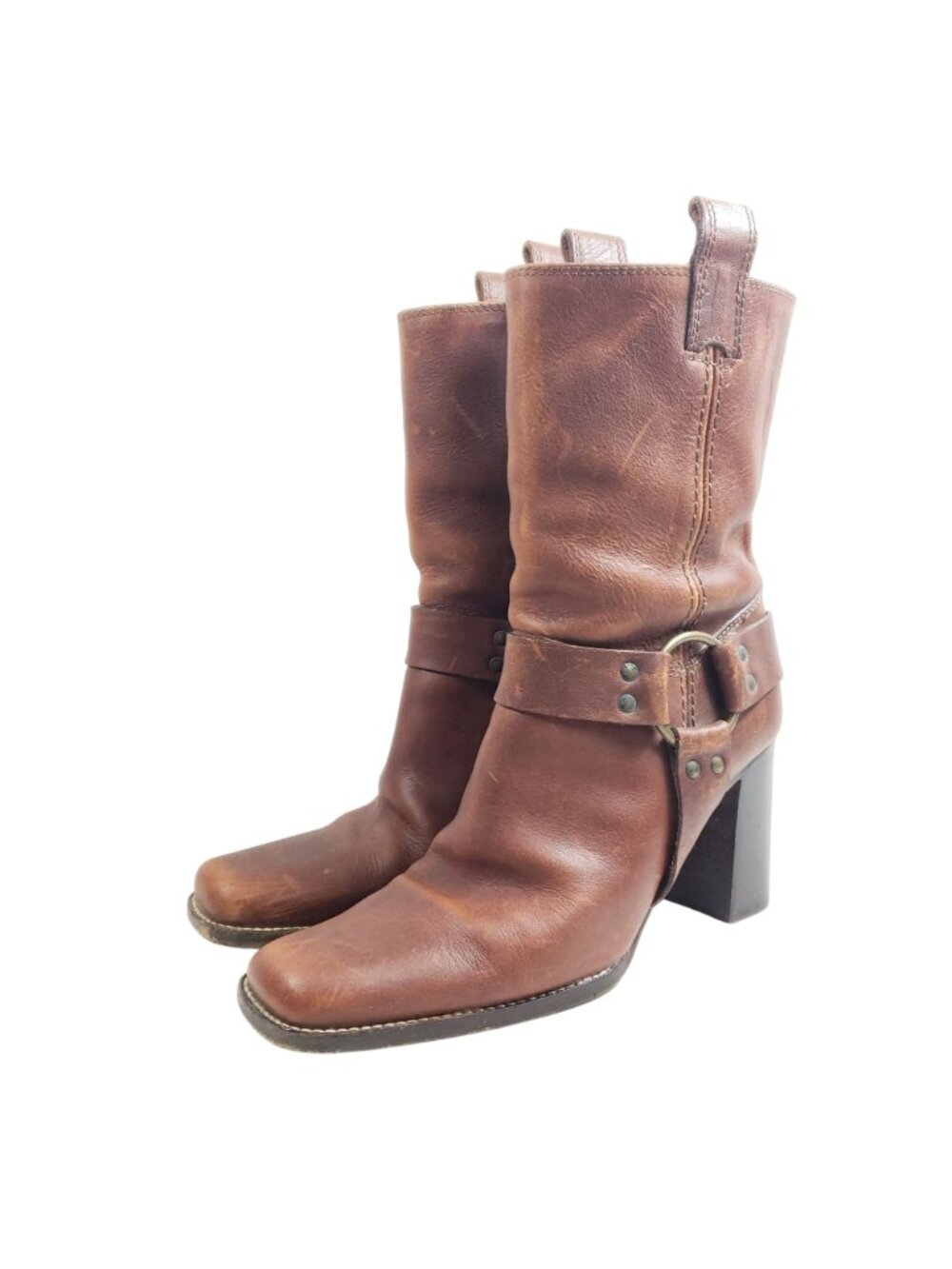 Michael Kors Womens Size 8.5 Brown Leather Harness Boots Block Heel Western Styl - Picture 2 of 9